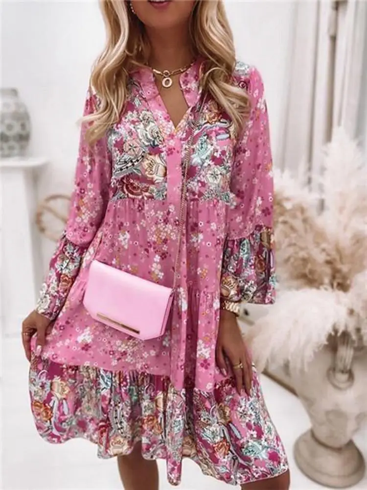 Casual floral impressão vestidos para as mulheres 2024 sping verão boho v pescoço solto uma linha vestido elegante praia vestido de festa robe femme - Imagem 10