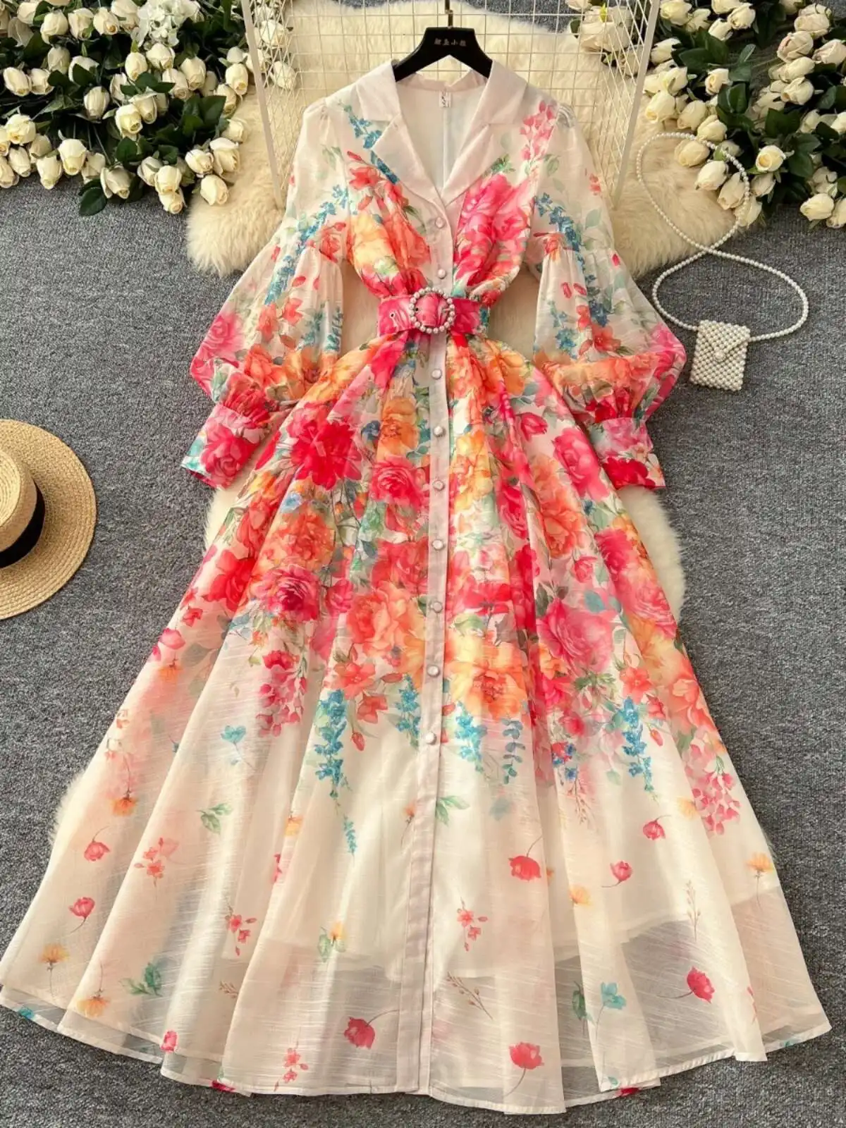 Palácio floral maxi vestido feminino verão férias vestidos longos camisa 2025 primavera manga cheia único breasted pérolas festa vestidos - Imagem 3