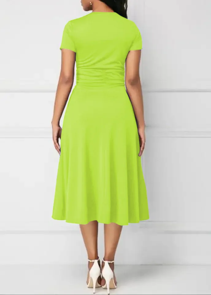 Vestidos de verão elegantes femininos cor sólida manga curta com decote em v assimétrico bainha cintura apertada midi vestido de festa senhoras vestidos de noite - Imagem 23