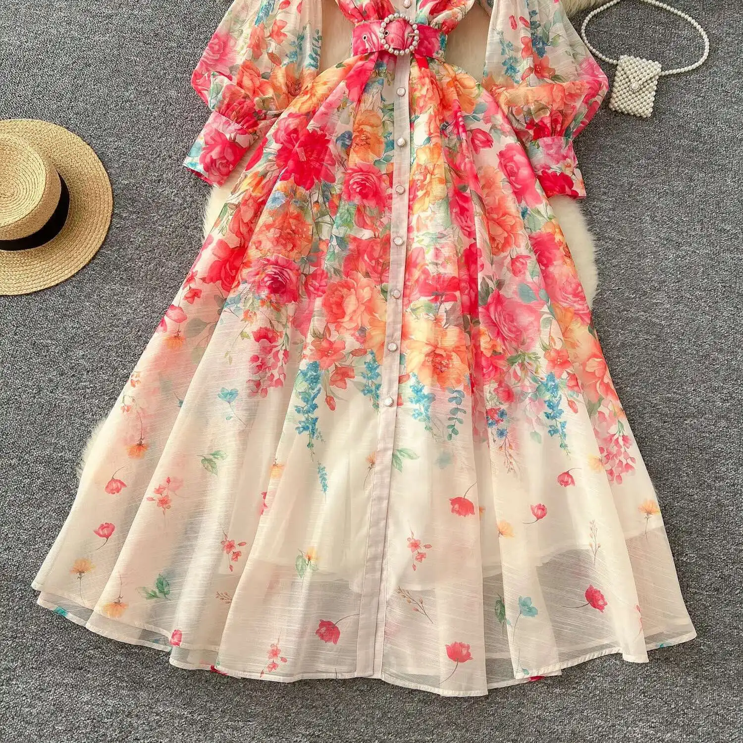 Palácio floral maxi vestido feminino verão férias vestidos longos camisa 2025 primavera manga cheia único breasted pérolas festa vestidos - Imagem 33