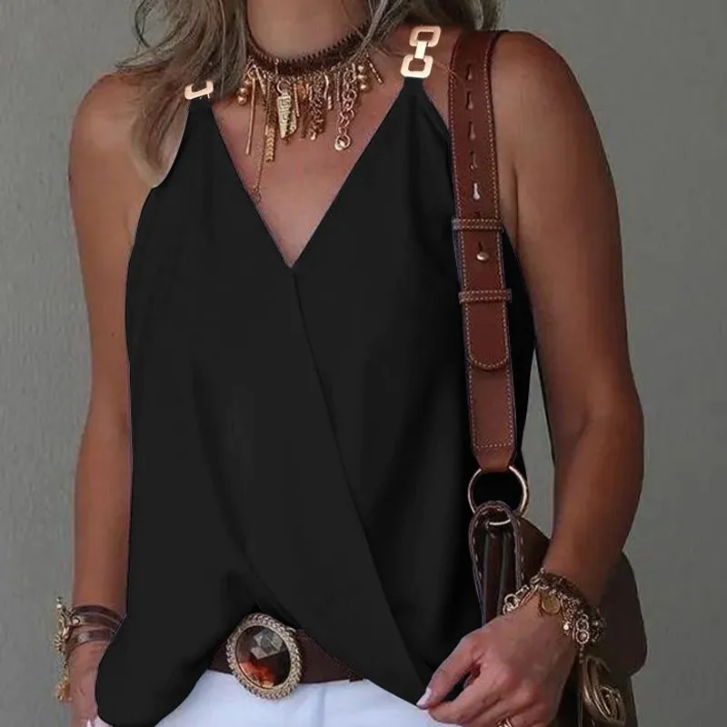 2024 verão com decote em v fivela de metal impresso regata para mulheres solta sem mangas pulôver blusa femme blusas femininas - Imagem 6