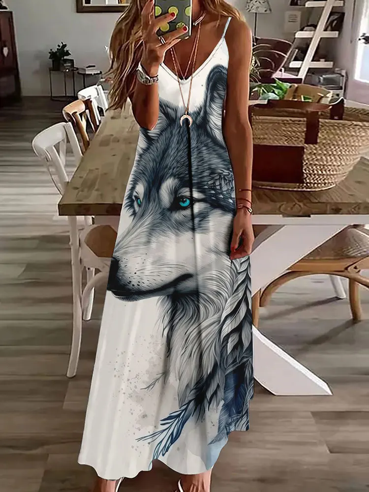 2024 novo vestido de estampa vintage de coruja 3D, sem mangas, longo, feminino, padrão tribal, pulseira de espaguete, verão, vestido longo e solto - Imagem 13