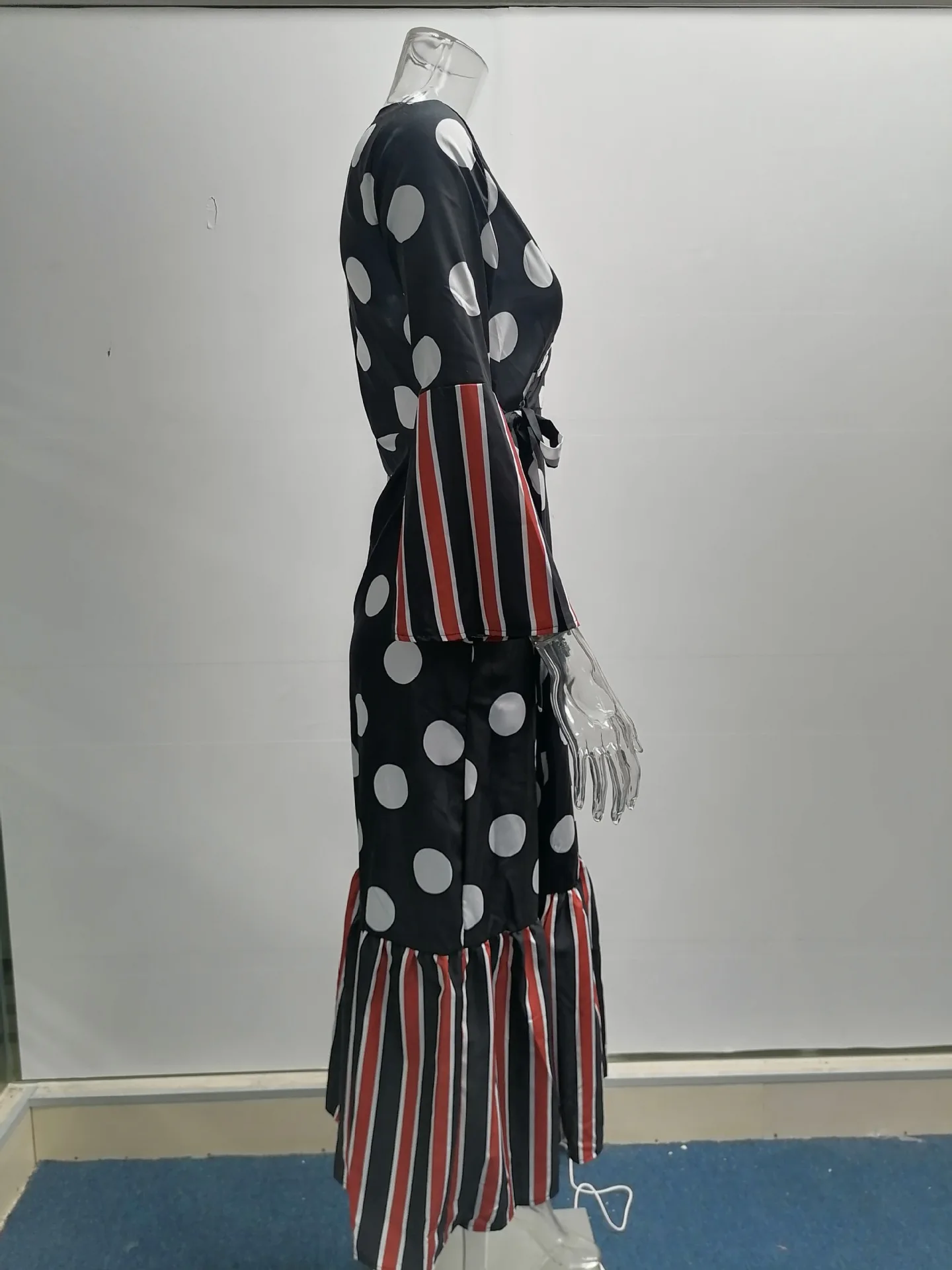 Novo outono inverno manga comprida amarrado com decote em v suspender costura impresso elegante e confortável vestido de fenda para mulher - Imagem 14