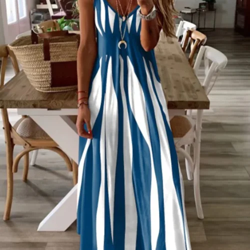 Sexy vestido sem mangas feminino preto branco listra impresso vestidos longos verão casual férias vestido de festa robe