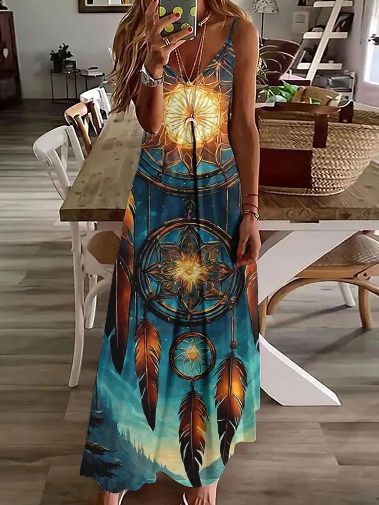 2024 novo vestido de estampa vintage de coruja 3D, sem mangas, longo, feminino, padrão tribal, pulseira de espaguete, verão, vestido longo e solto - Imagem 14
