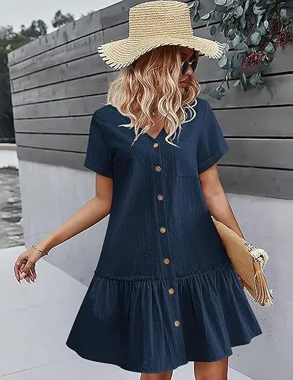 Casual algodão linho verão mini vestido para mulheres com decote em v babados manga curta vestido curto senhoras moda vestidos de botão solto - Imagem 30
