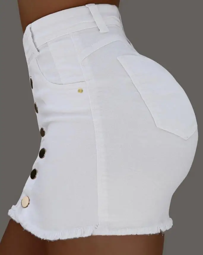 Saia sexy para mulher primavera verão 2023 botão liso voar bainha crua mini saia jeans feminina magra - Imagem 3