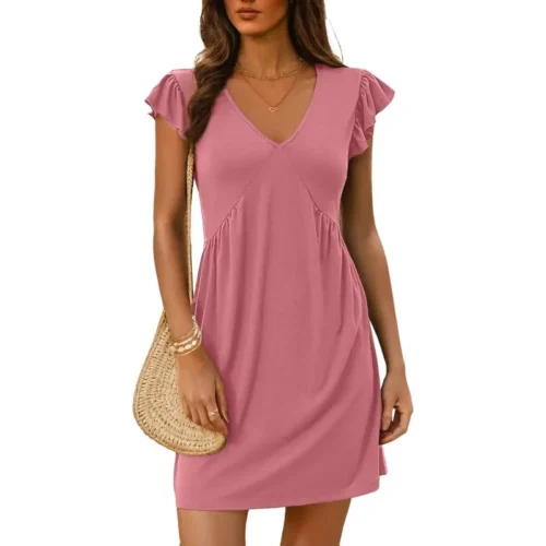 Feminino elegante manga voadora com decote em v mini vestido férias 2025 verão roupas femininas plissado vestidos de manga curta streetwear