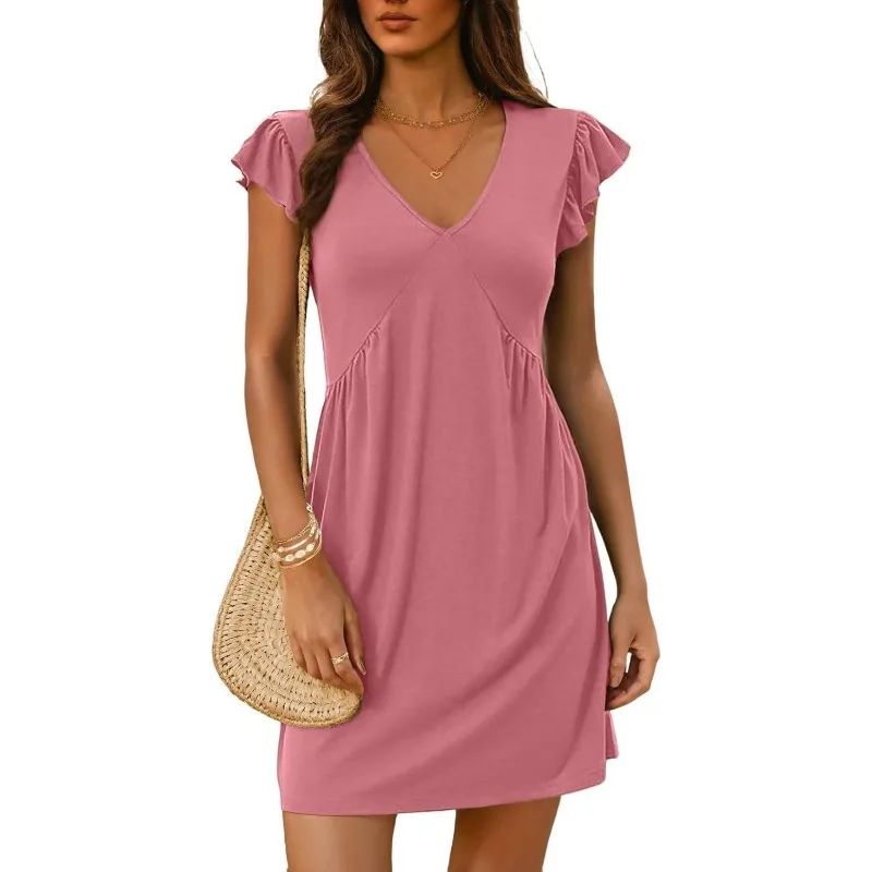 Feminino elegante manga voadora com decote em v mini vestido férias 2025 verão roupas femininas plissado vestidos de manga curta streetwear