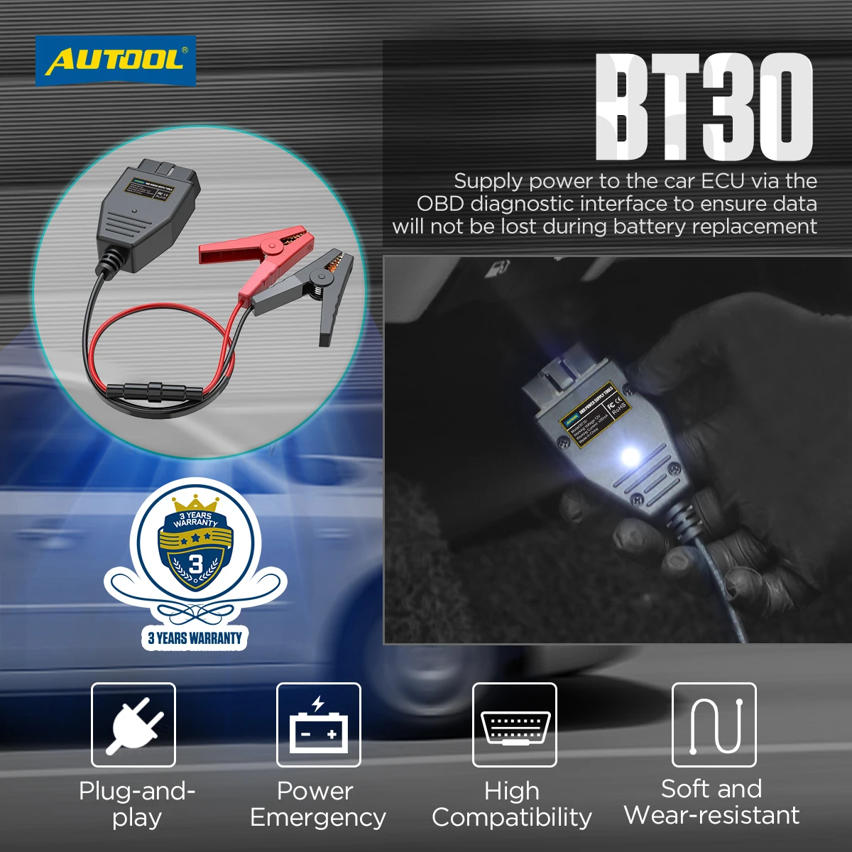 AUTOOL-Car OBD2 ECU Connector, Battery Saver, Auto ECU, Memory Saver, automotivo, OBD 2, tomada elétrica de emergência, carro Fuel Save, BT30 - Imagem 7