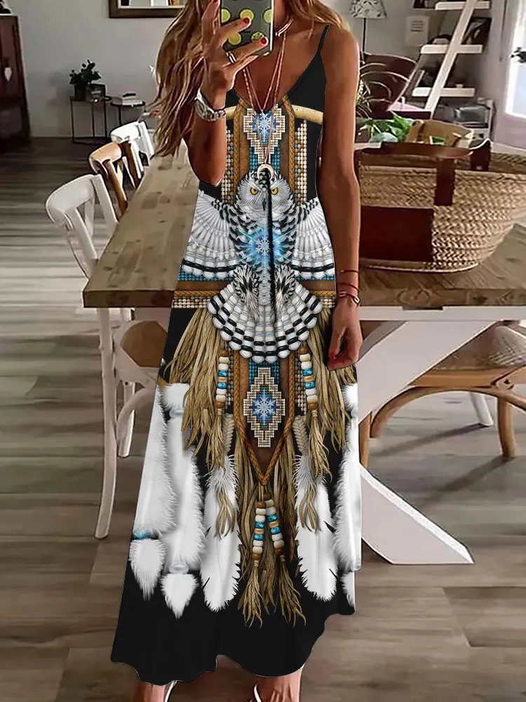 2024 novo vestido de estampa vintage de coruja 3D, sem mangas, longo, feminino, padrão tribal, pulseira de espaguete, verão, vestido longo e solto - Imagem 2