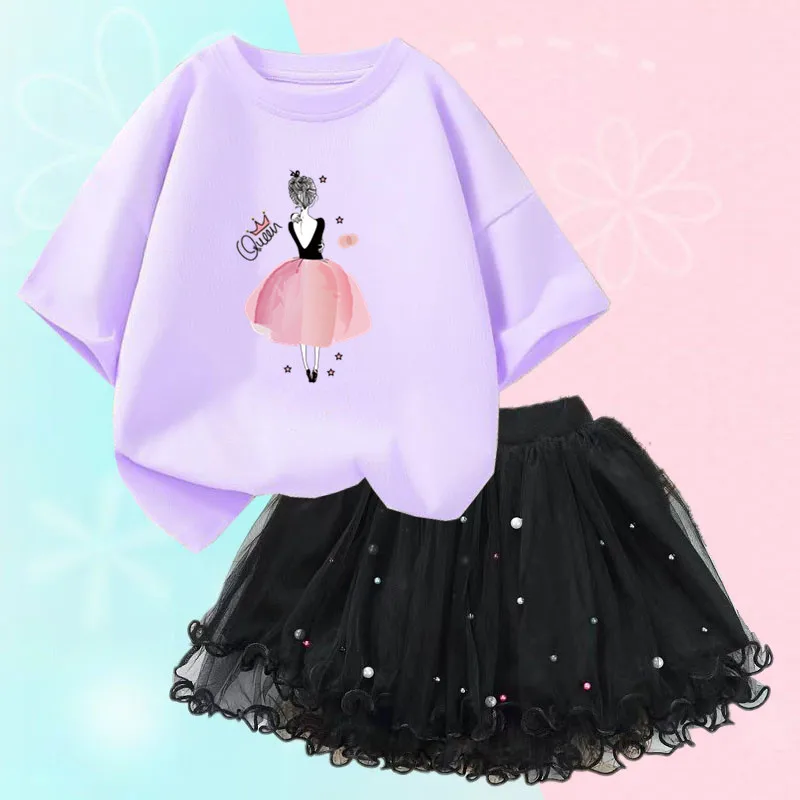 Conjunto de duas peças feminino, saia de malha tutu e camiseta, roupa de festa infantil, bonita coreana, moda verão, 3-14 anos - Imagem 8