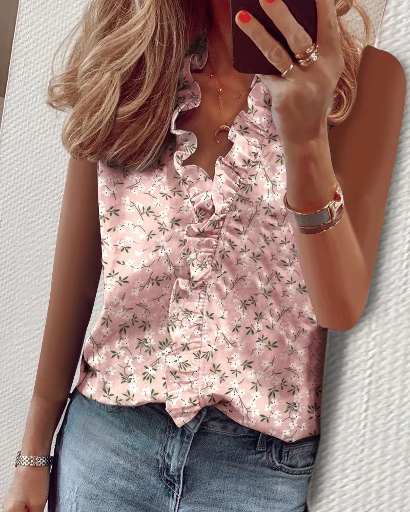 Praia verão sexy com decote em v camisas de tanque branco impressão feminina chiffon babados sem mangas das mulheres topos blusas casuais festa camisas florais - Imagem 4