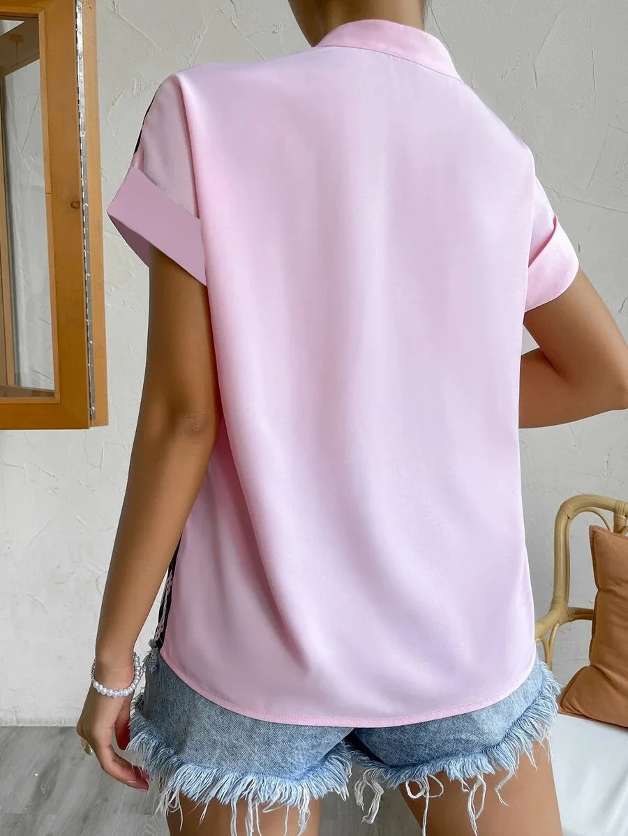 2024 verão com decote em v camisa feminina casual senhora do escritório cor sólida manga curta único breasted elegante blusa feminina femme blusas - Imagem 22