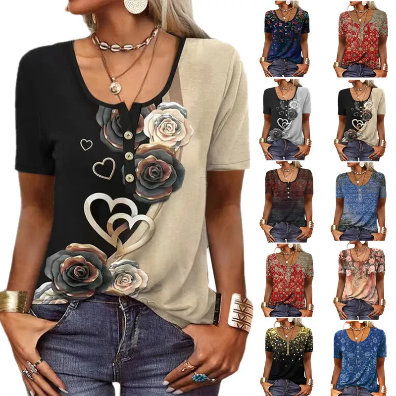 Camisas elegantes para mulheres manga curta moda estilo étnico solto retro casual botão blusas 3d flor impressão solta verão topos - Imagem 13