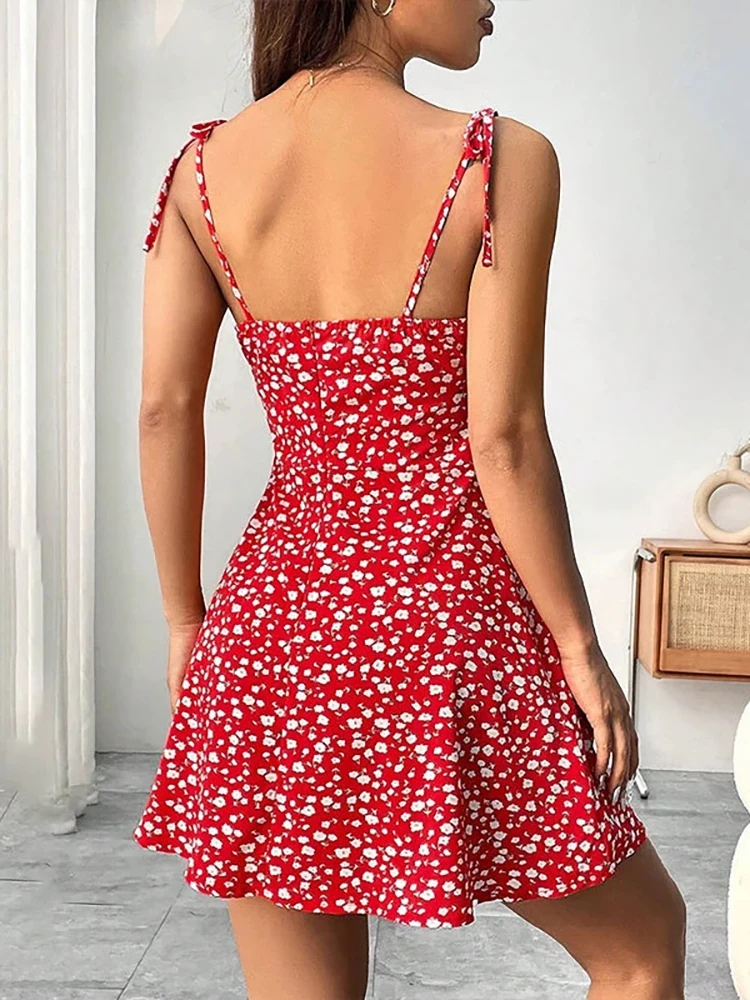 Vestido curto de praia com alça espaguete floral de verão feminino, mini vestido feminino, roupas femininas, vestidos vermelhos, vestido, novo vestido 2025 - Imagem 2