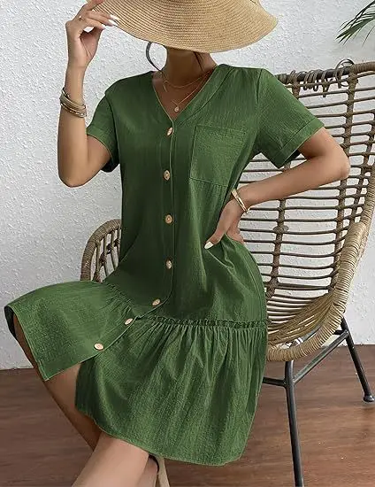 Casual algodão linho verão mini vestido para mulheres com decote em v babados manga curta vestido curto senhoras moda vestidos de botão solto - Imagem 27