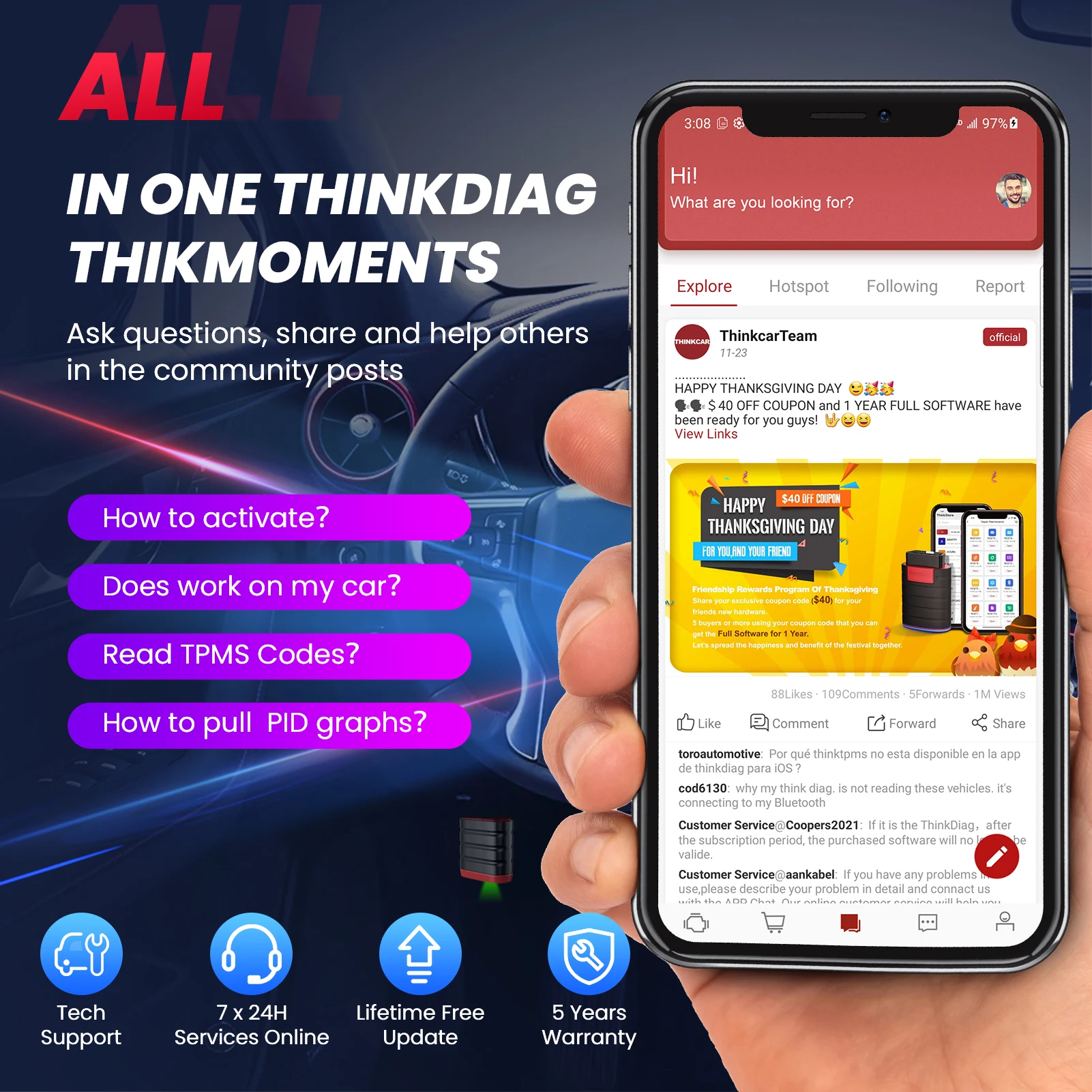 THINKCAR THINKDIAG MINI Auto OBD2 Bluetooth Scanner Sistema Completo Diagnóstico Todos os Carros Vitalício Gratuito Ferramenta de Diagnóstico Automotivo - Imagem 5