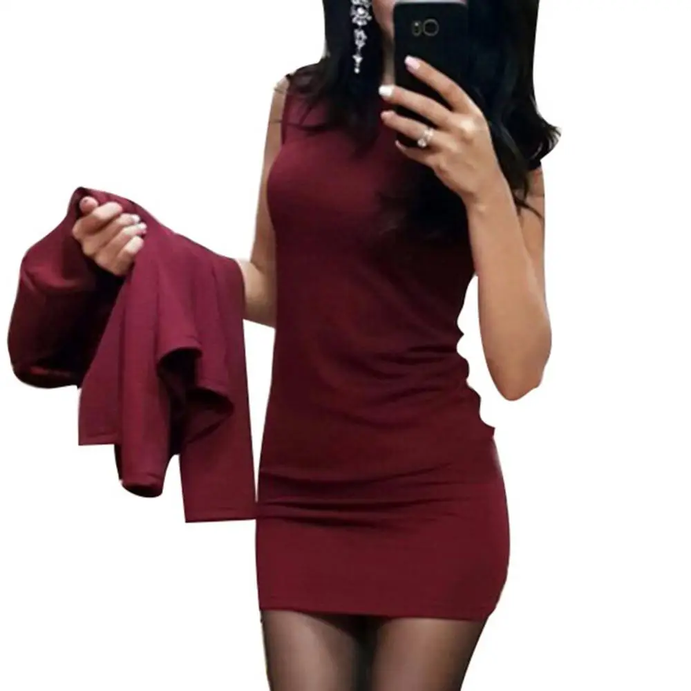 Vestido bodycon sem mangas de cor sólida com gola redonda 2 unidades/conjunto quente senhora do escritório casaco curto mini - Imagem 2