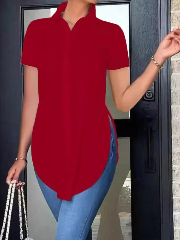 Blusas femininas verão casual branco camisa de manga curta moda ol lapela irregular camisas finas roupas femininas streetwear topos - Imagem 5