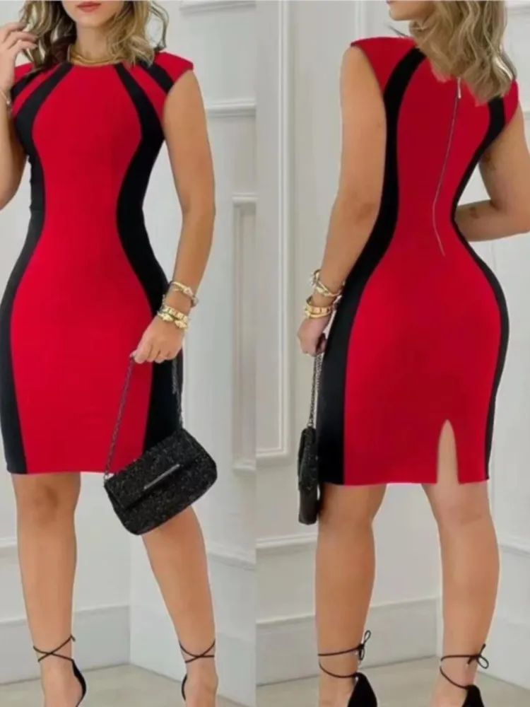 Moda feminina em torno do pescoço sem mangas bodycon zíper mini vestido novo verão colorblock volta dividir festa senhora magro lápis vestidos - Imagem 2