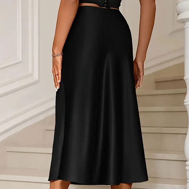 Y. KUKU saia midi feminina novo cetim brilhante saias de cintura alta marca casual moda vintage verão chique feminino faldas saia - Imagem 4