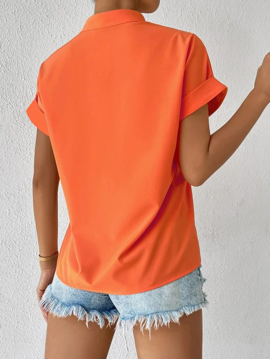 2024 verão com decote em v camisa feminina casual senhora do escritório cor sólida manga curta único breasted elegante blusa feminina femme blusas - Imagem 16