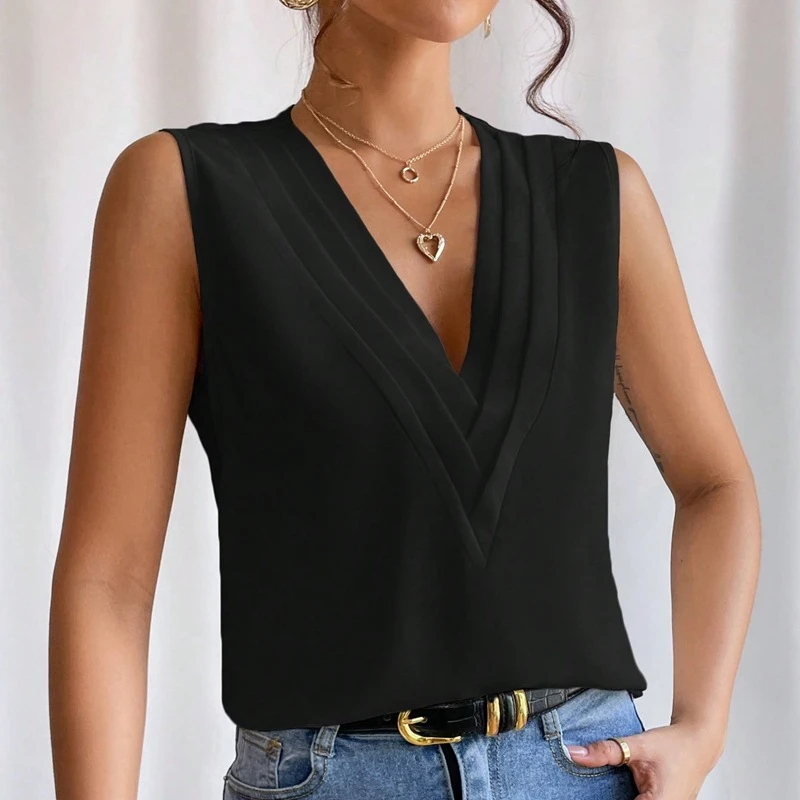 Sólido casual solto sem mangas blusas para mulheres moda verão camisas e blusas de grandes dimensões elegantes jovens femininos topos - Imagem 2