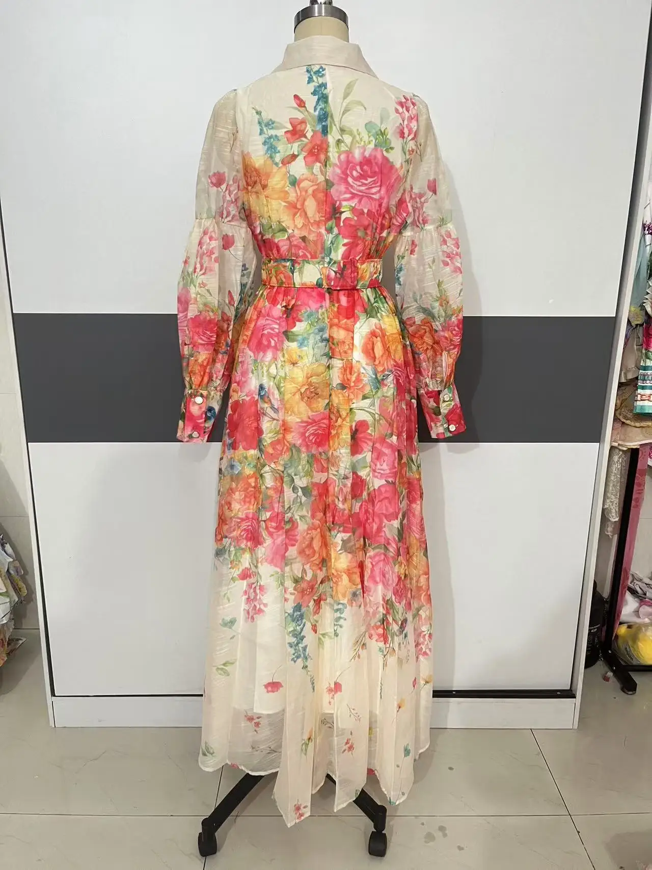 Palácio floral maxi vestido feminino verão férias vestidos longos camisa 2025 primavera manga cheia único breasted pérolas festa vestidos - Imagem 14