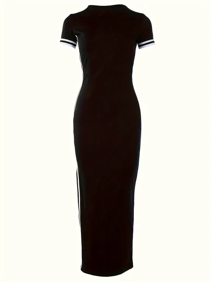 Vestidos femininos verão 2024 elegante emagrecimento sexy rosa impresso lado listrado divisão cintura alta manga curta casual midi vestidos longos - Imagem 5