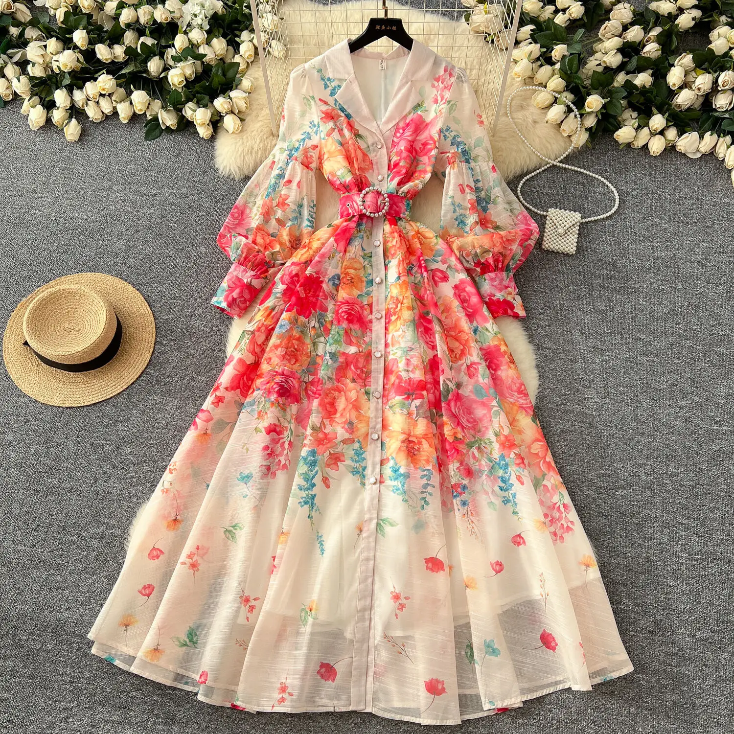Palácio floral maxi vestido feminino verão férias vestidos longos camisa 2025 primavera manga cheia único breasted pérolas festa vestidos - Imagem 8