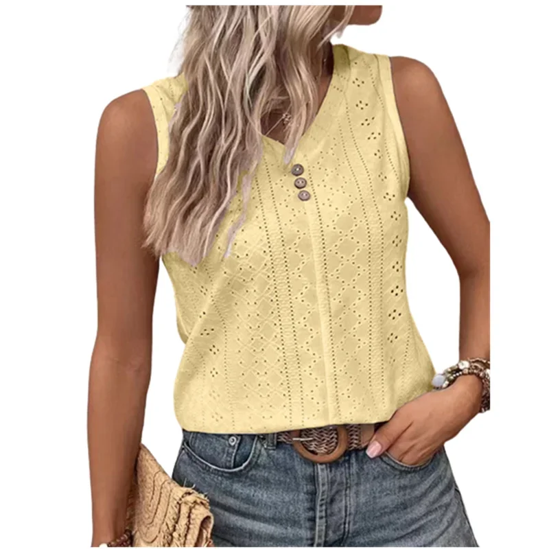 Blusas femininas de verão oversized com decote em v cor sólida sexy tanque oco botão camisas soltas elegante doce casual sem mangas topos - Imagem 6