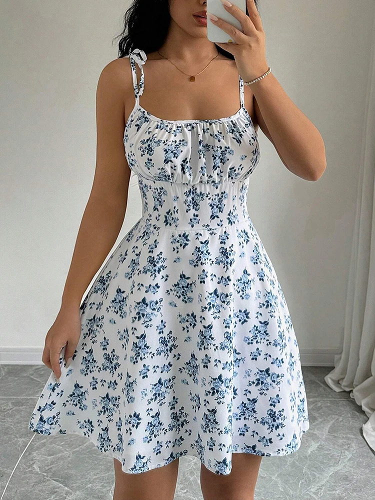Vestido curto de praia com alça espaguete floral de verão feminino, mini vestido feminino, roupas femininas, vestidos vermelhos, vestido, novo vestido 2025 - Imagem 5