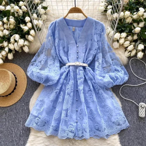 Francês doce decote em v lanterna manga mini vestido de verão feminino bordado flor malha retalhos cinto casual praia a linha festa robes