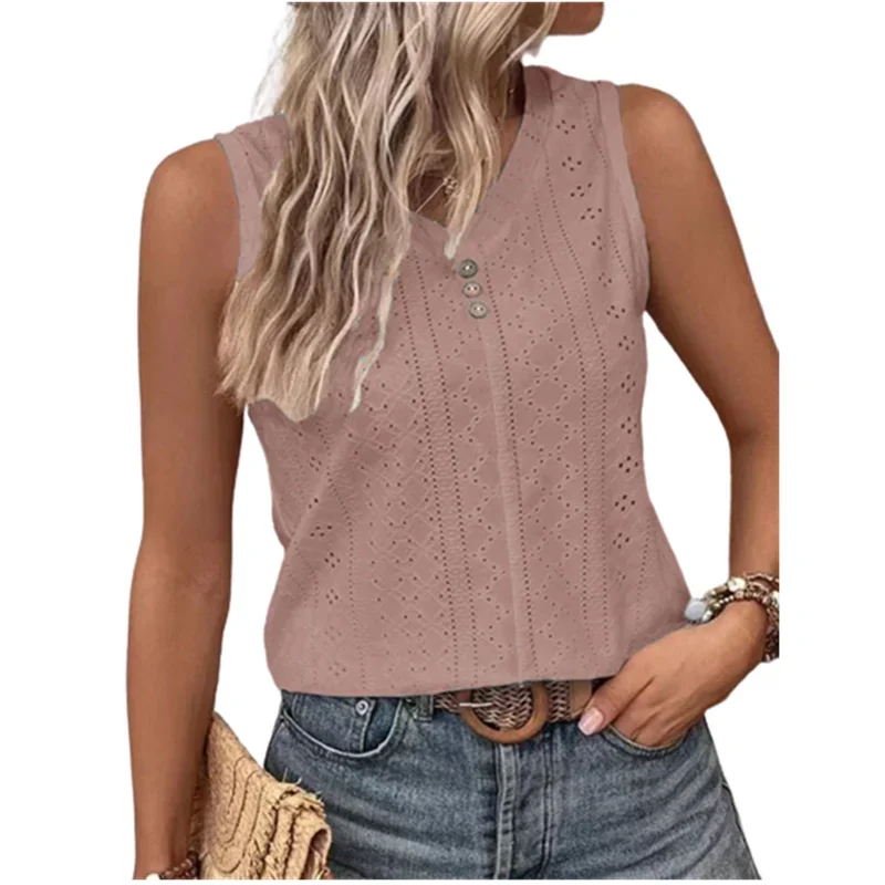 Blusas femininas de verão oversized com decote em v cor sólida sexy tanque oco botão camisas soltas elegante doce casual sem mangas topos - Imagem 4