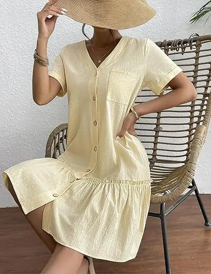 Casual algodão linho verão mini vestido para mulheres com decote em v babados manga curta vestido curto senhoras moda vestidos de botão solto - Imagem 18