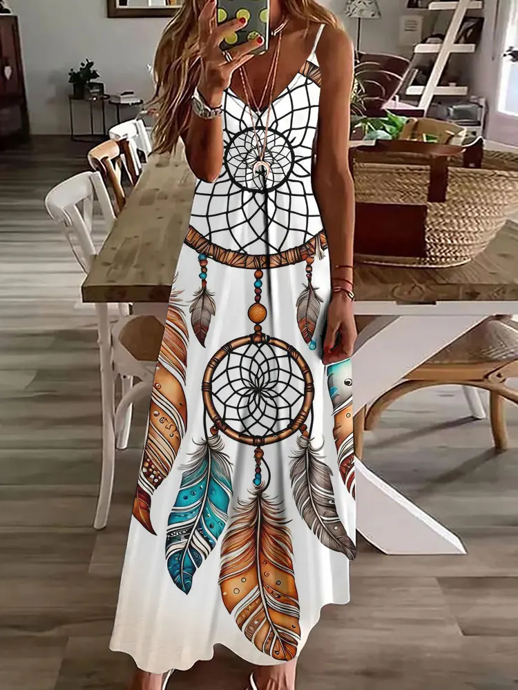 2024 novo vestido de estampa vintage de coruja 3D, sem mangas, longo, feminino, padrão tribal, pulseira de espaguete, verão, vestido longo e solto - Imagem 9