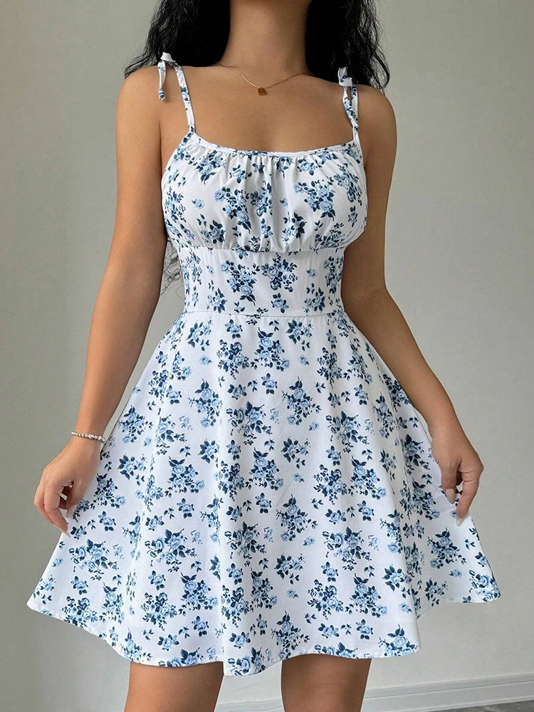 Vestido curto de praia com alça espaguete floral de verão feminino, mini vestido feminino, roupas femininas, vestidos vermelhos, vestido, novo vestido 2025 - Imagem 7