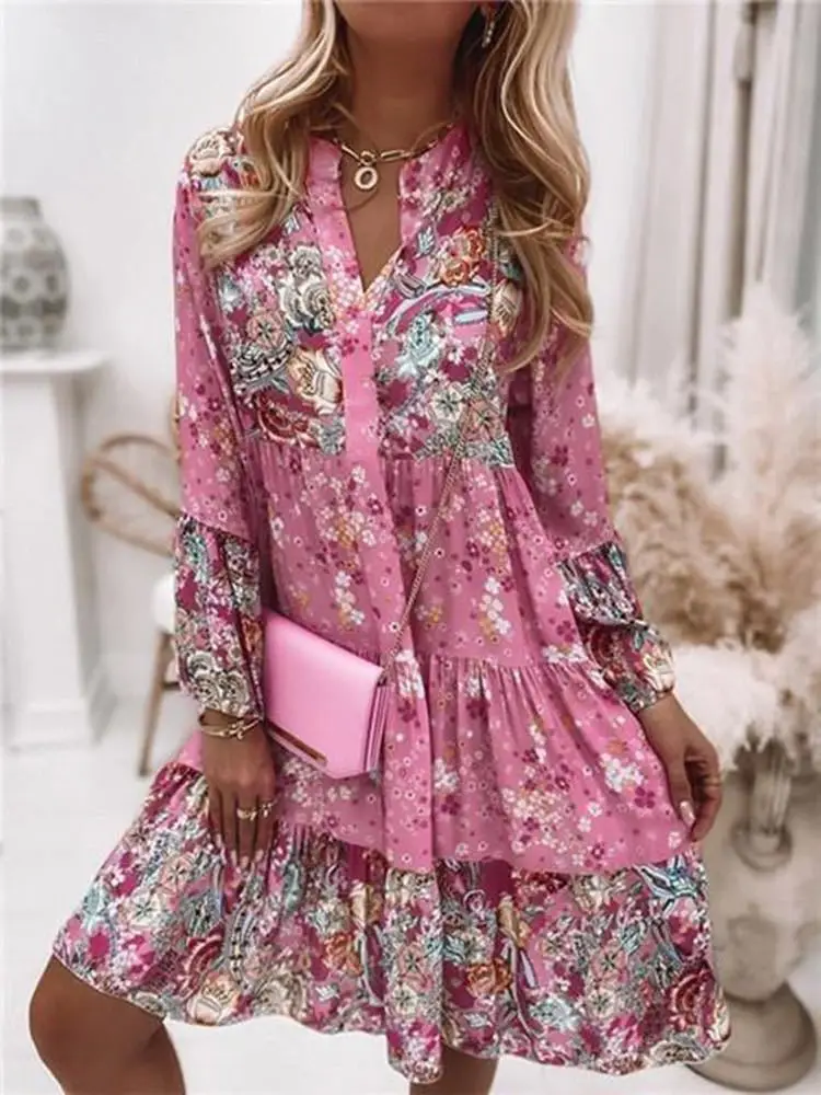 Casual floral impressão vestidos para as mulheres 2024 sping verão boho v pescoço solto uma linha vestido elegante praia vestido de festa robe femme - Imagem 7