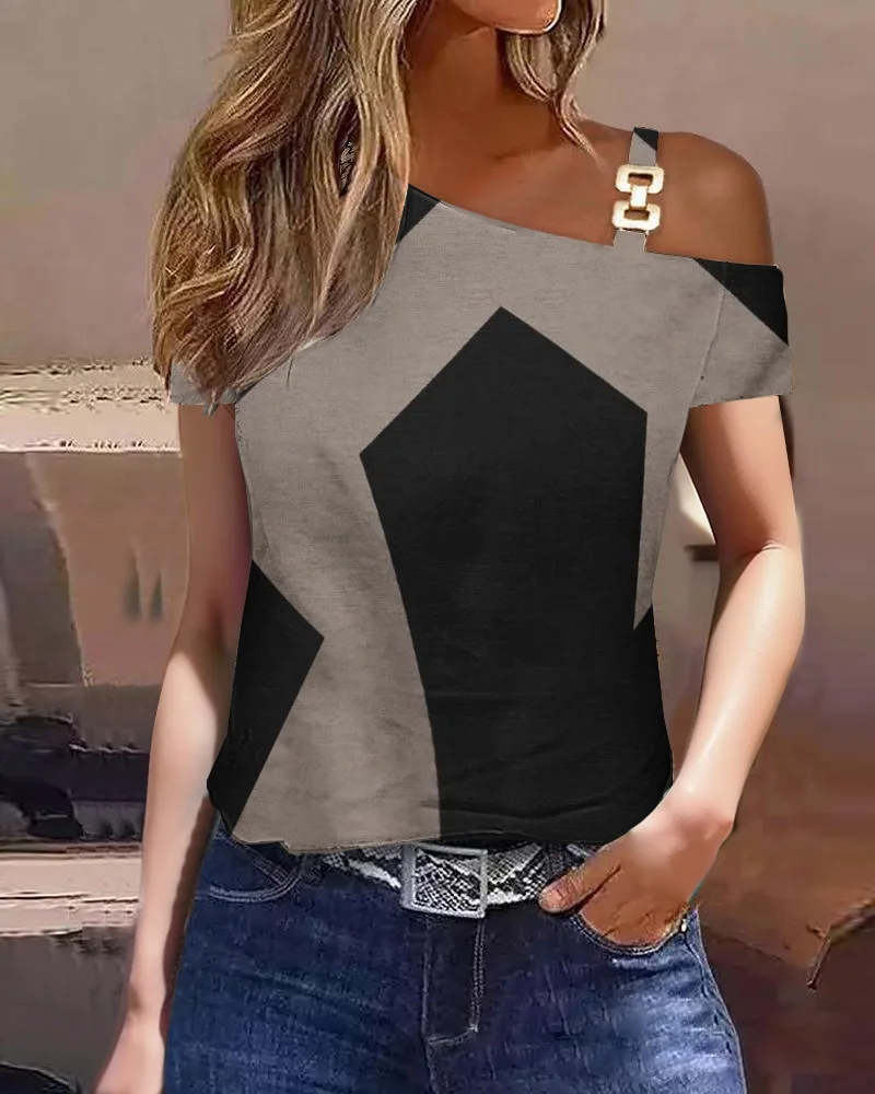 Blusa Feminina Fora do Ombro, Manga Curta, Folha de Metal, Camisa Diagonal, Casual Solta, Elegante Camisas de Escritório, Moda - Imagem 13