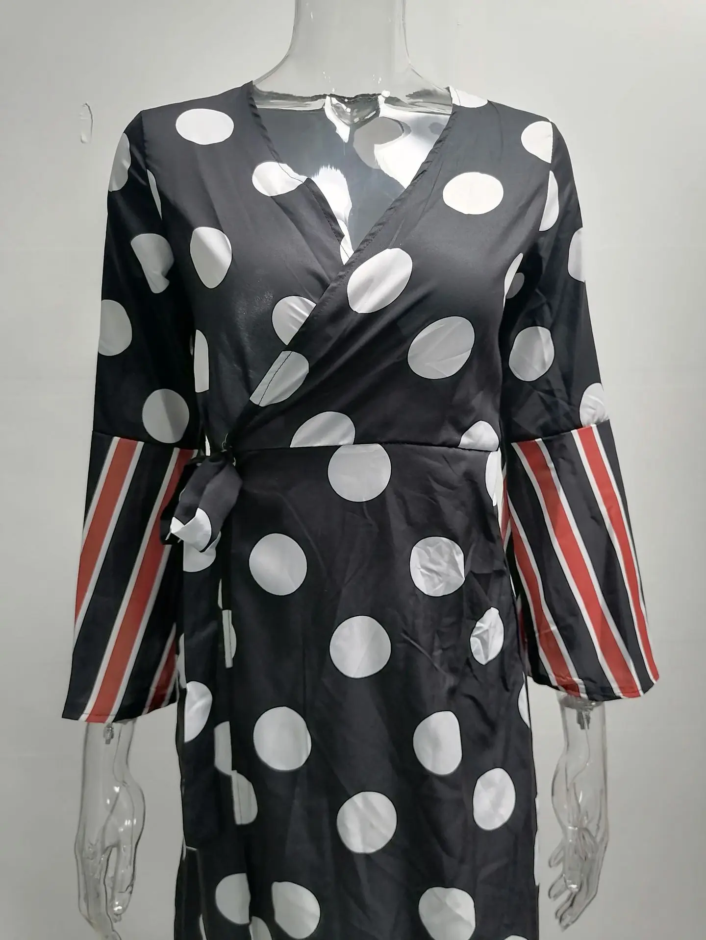 Novo outono inverno manga comprida amarrado com decote em v suspender costura impresso elegante e confortável vestido de fenda para mulher - Imagem 16