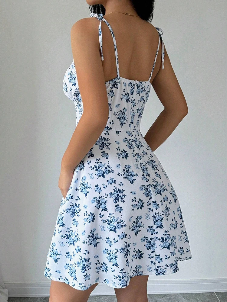 Vestido curto de praia com alça espaguete floral de verão feminino, mini vestido feminino, roupas femininas, vestidos vermelhos, vestido, novo vestido 2025 - Imagem 4