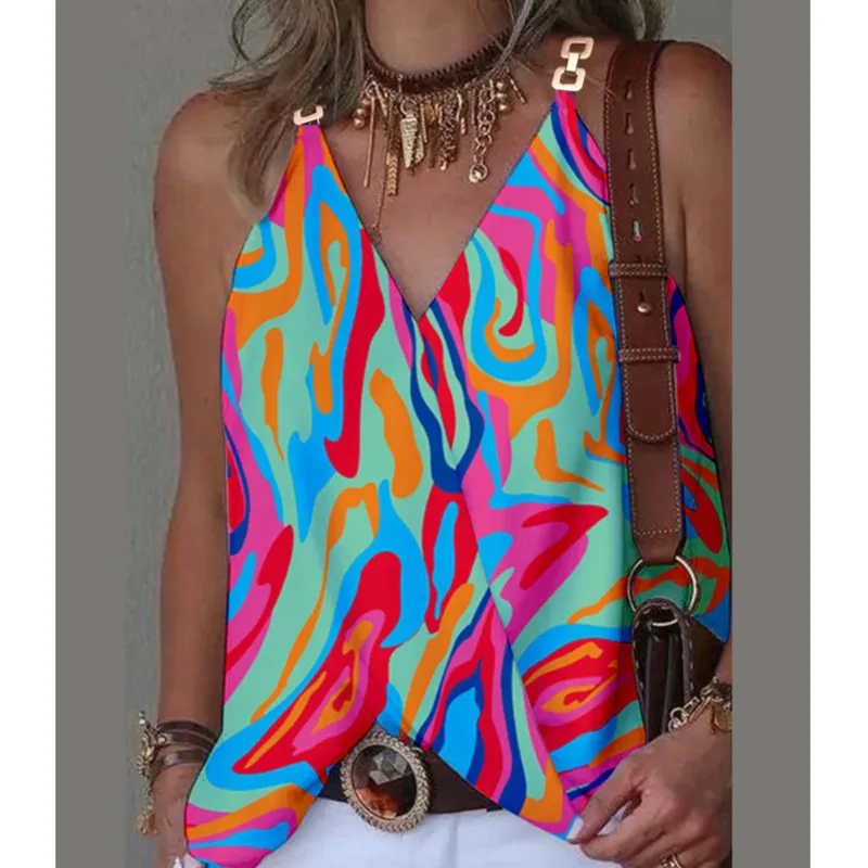 2024 verão com decote em v fivela de metal listrado impresso regata para mulher solta sem mangas pulôver blusa femme blusas mujer - Imagem 3