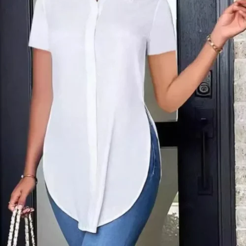 Blusas femininas verão casual branco camisa de manga curta moda ol lapela irregular camisas finas roupas femininas streetwear topos