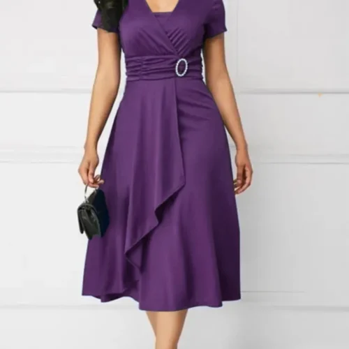 Vestidos de verão elegantes femininos cor sólida manga curta com decote em v assimétrico bainha cintura apertada midi vestido de festa senhoras vestidos de noite