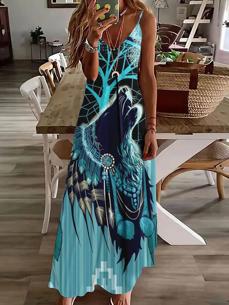 2024 novo vestido de estampa vintage de coruja 3D, sem mangas, longo, feminino, padrão tribal, pulseira de espaguete, verão, vestido longo e solto - Imagem 8