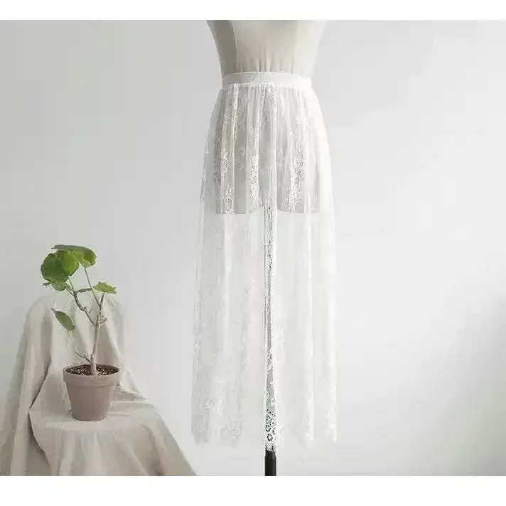 2 comprimento elegante saia preta renda branca transparente longa saia de tule senhoras elástica cintura alta praia midi saia transporte da gota - Imagem 10