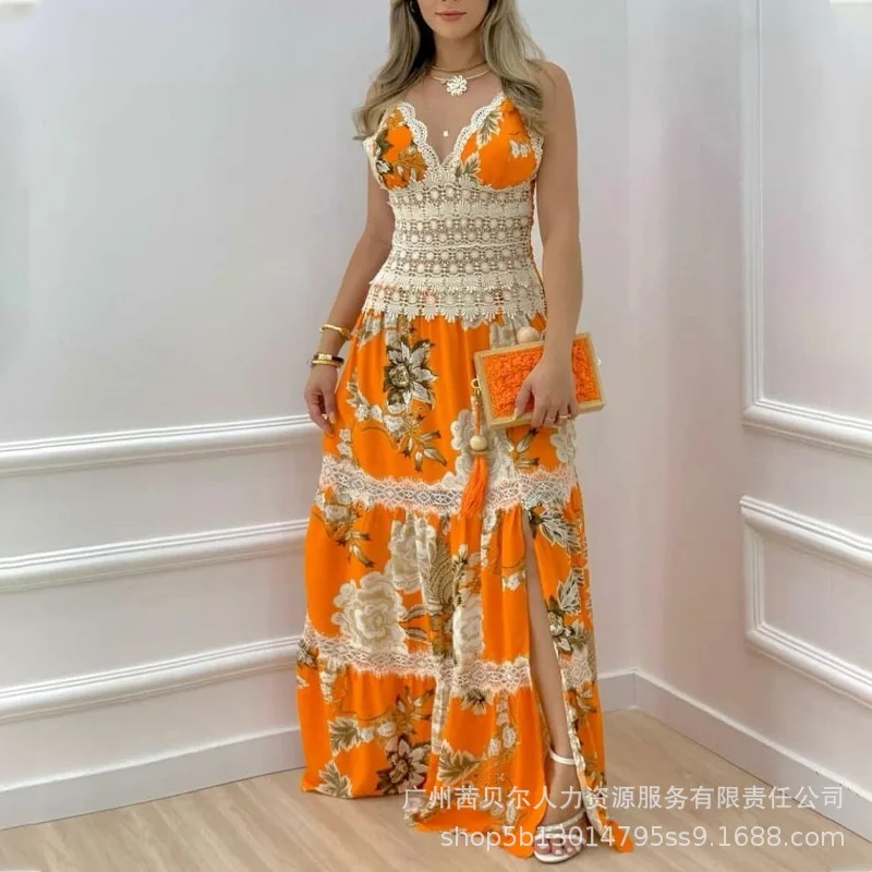 Vestido de Praia Feminino com Painel de Bordas, Saia Longa, Decote V, Estampado, Férias Europeu e Americano, Sexy, Verão, 2022