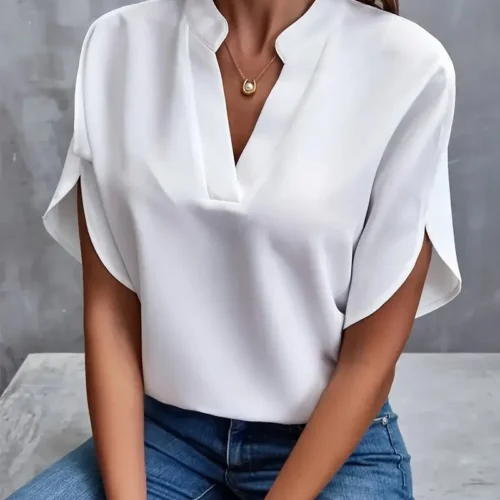Verão elegante blusa feminina novo decote em v manga curta cor sólida camisa solta casual branco topos senhora do escritório blusas