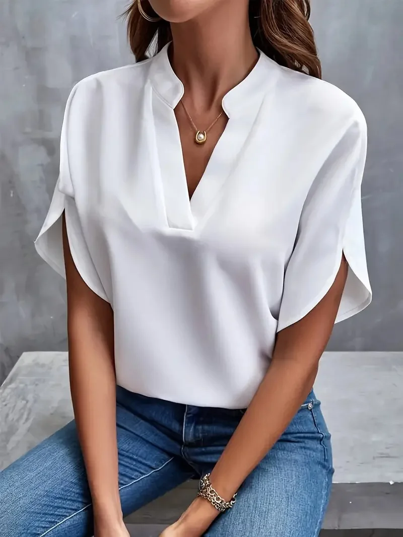 Verão elegante blusa feminina novo decote em v manga curta cor sólida camisa solta casual branco topos senhora do escritório blusas